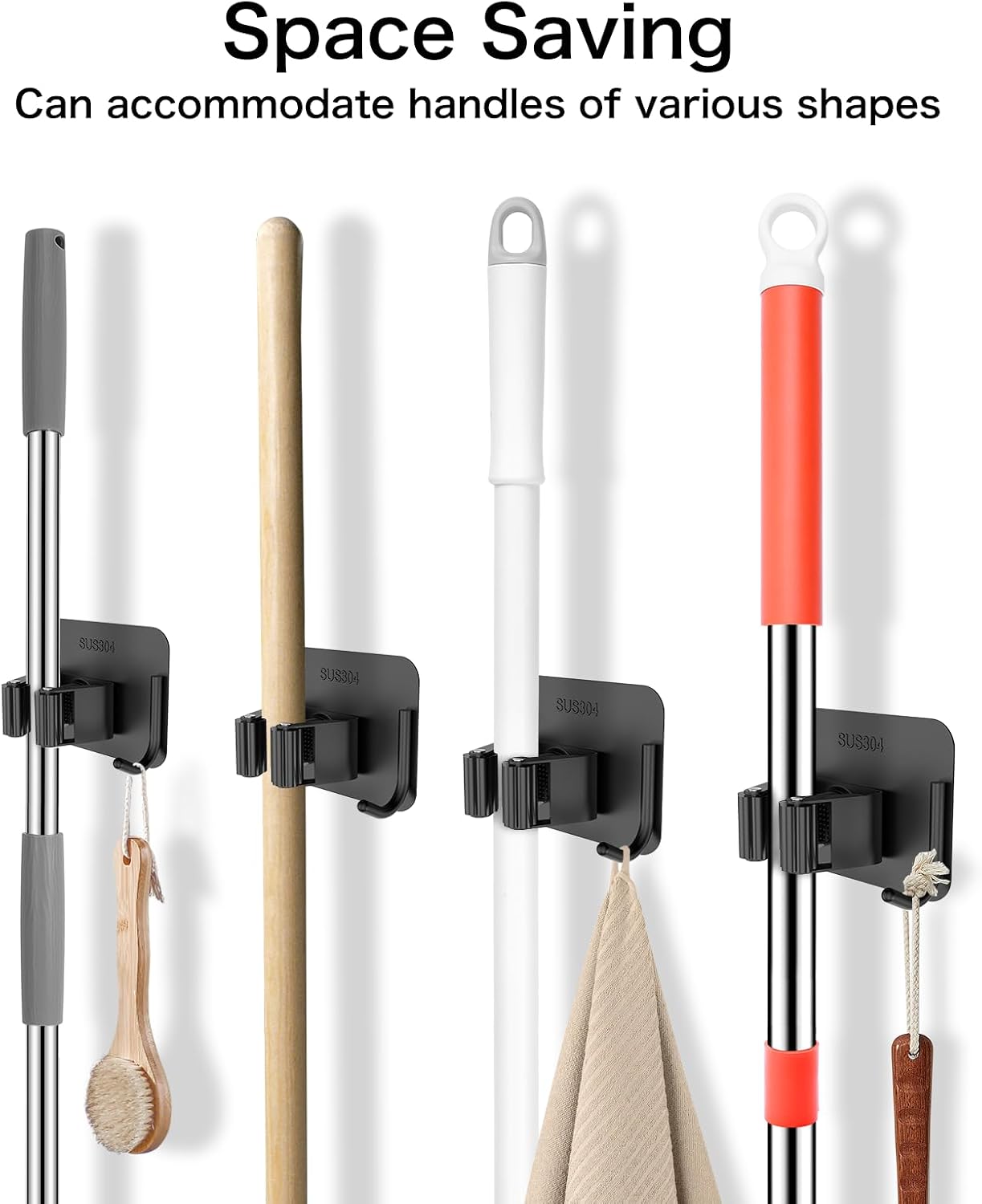 nacena 4 Pack No Drill Self Adhesive Broom Mop Holder Wall Mount with Hooks, Heavy Duty Stainless Steel Organizer for Kitchen Bathroom Garage Storage, Black