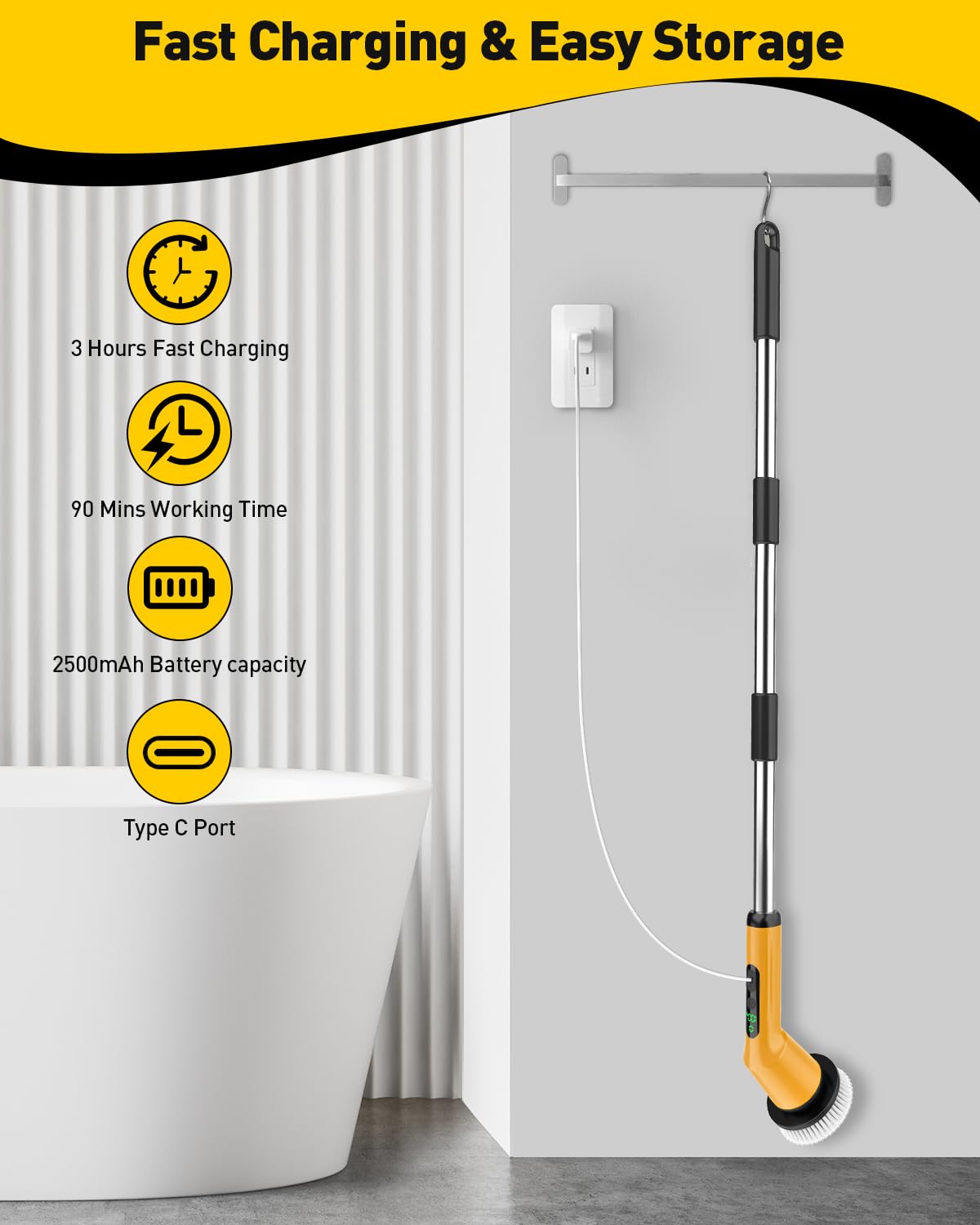Electric Spin Scrubber for Bathroom, Shower Scrubber with Long Handle | Shower Cleaner Brushes, IPX7 Waterproof & 2 Speed, 3 Brush Heads, 90min Runtime, Bathroom Cleaning Supplies for Toilet Tub