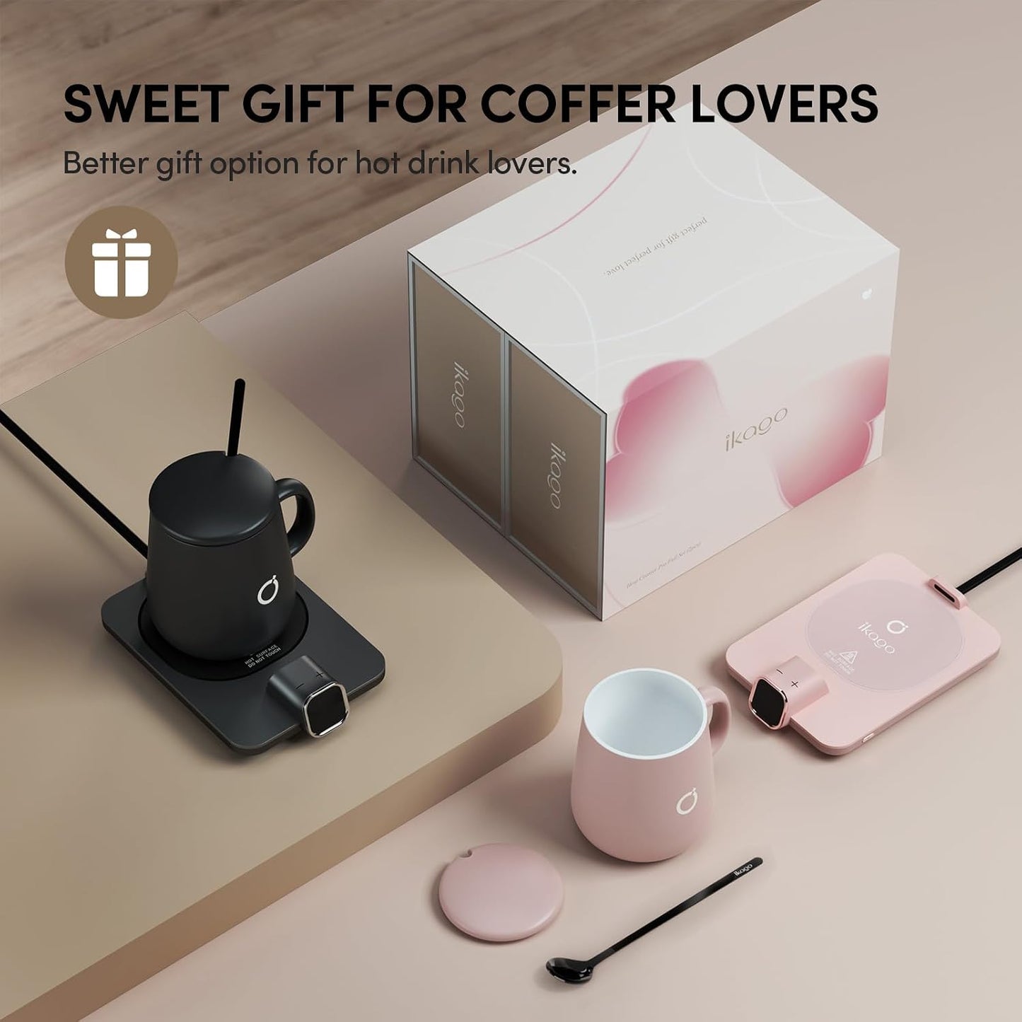 Coffee Cup Warmer & IKAGO Mug Set, 1℉ Precise Temp Control Mug Warmer | Auto Shut Off, Infrared Sensor, Dual Temp Display, ℉/℃ Optional, 15oz Mug with Spoon & Lid Included, Gifts for Men Women