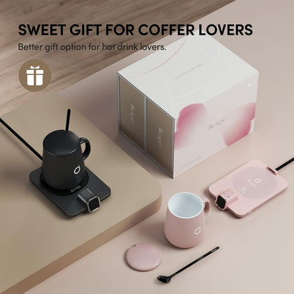 Coffee Cup Warmer & IKAGO Mug Set, 1℉ Precise Temp Control Mug Warmer | Auto Shut Off, Infrared Sensor, Dual Temp Display, ℉/℃ Optional, 15oz Mug with Spoon & Lid Included, Gifts for Men Women