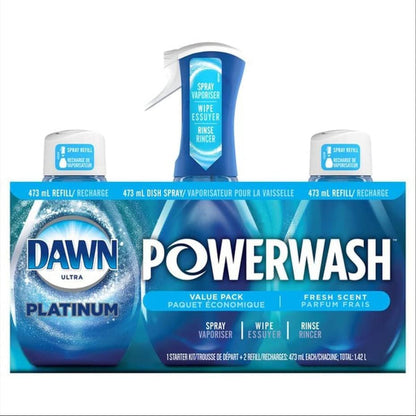Dawn Powerwash Spray, Dish Soap, Dishwashing Liquid, Fresh, 1 Starter Kit + 3 Refills, 4x16 Fl Oz