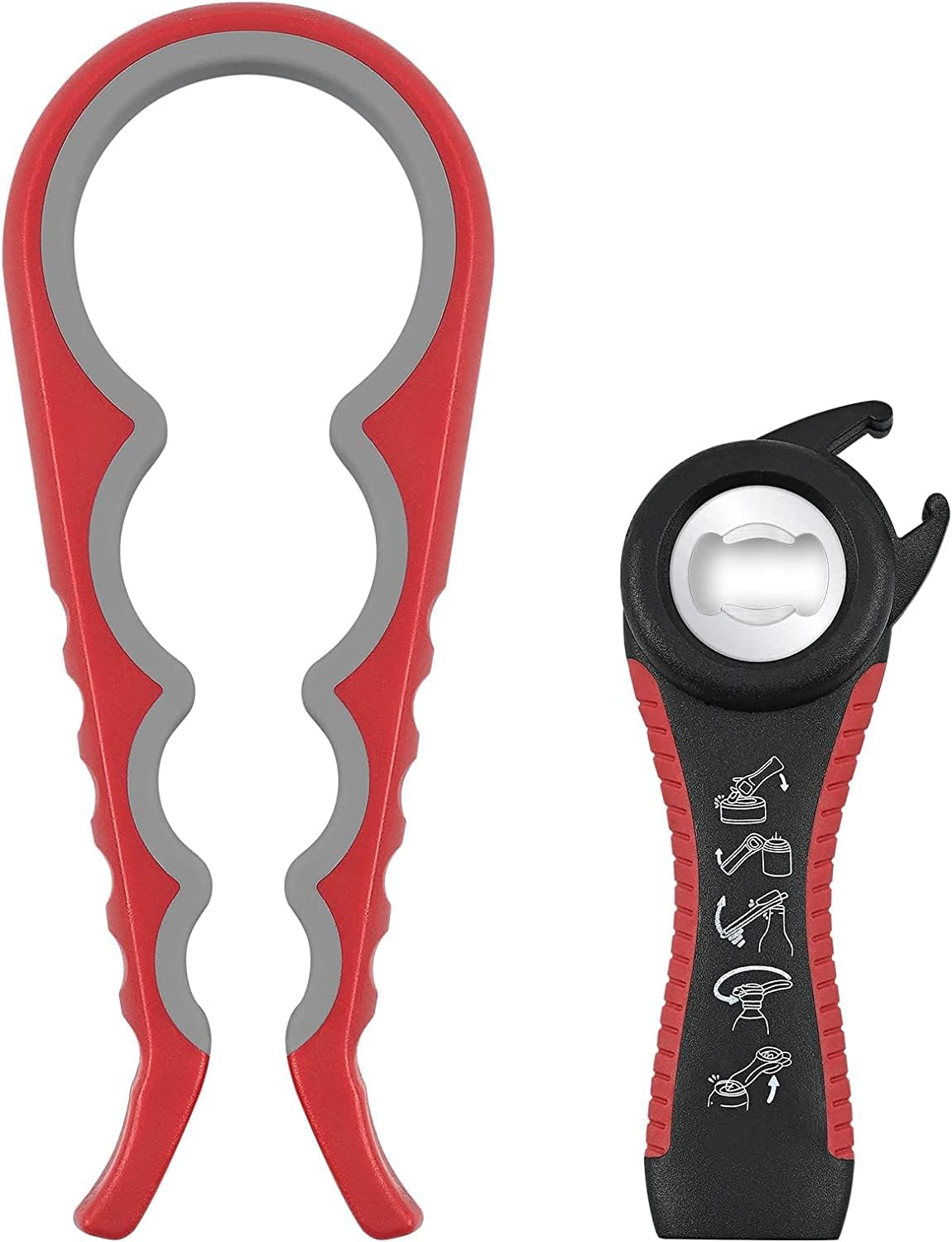 Jar Opener Bottle Opener for Weak Hands, 5 in 1 Multi Function Can Opener Bottle Opener Kit with Silicone Handle Easy to Use for Children, Elderly and Arthritis Sufferers, Red