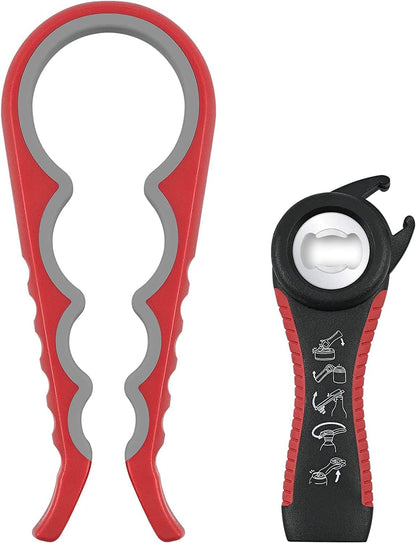 Jar Opener Bottle Opener for Weak Hands, 5 in 1 Multi Function Can Opener Bottle Opener Kit with Silicone Handle Easy to Use for Children, Elderly and Arthritis Sufferers, Red