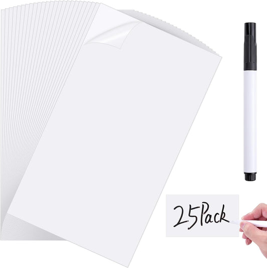 Dry Erase Label Stickers-25Pack 3x5Inch Reusable Whiteboard Sticky Labels with Pen Tear Resistant No Residue White Board Strips Mini Sticky Notes for Home Organization,Office Classrooms Business
