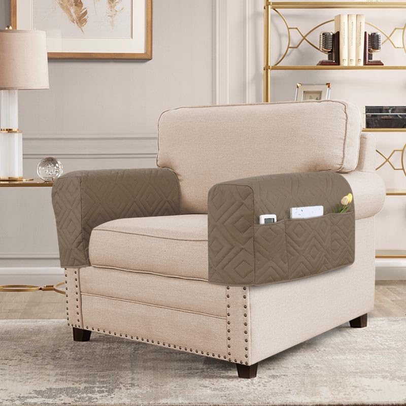 H.VERSAILTEX Water Resistant Armrest Covers for Sofa, 2 Pack, Ivory/Beige | Waterproof Armchair Caddy, Couch Arm Covers Remote Control Holder Sofa Armrest Organizer for Magazine, Tablet, Phone, iPad
