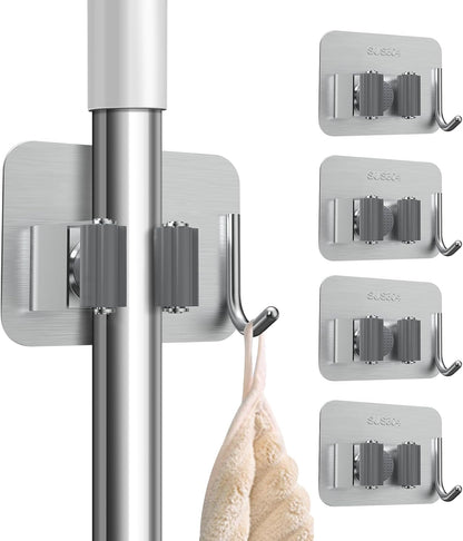 nacena 4 Pack No Drill Self Adhesive Broom Mop Holder Wall Mount with Hooks, Heavy Duty Stainless Steel Organizer for Kitchen Bathroom Garage Storage, Black