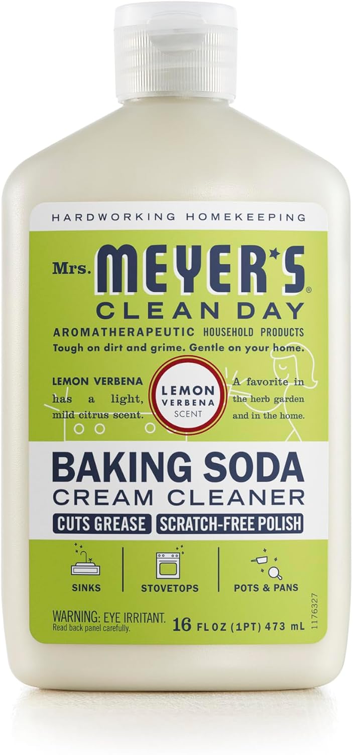 MRS. MEYER'S CLEAN DAY Baking Soda Cream Cleaner, Lemon Verbena, 16 fl oz | Freshens Kitchen, Removes Soap Scum and Grease, For Use on Sinks, Stovetops, Pots, & Pans
