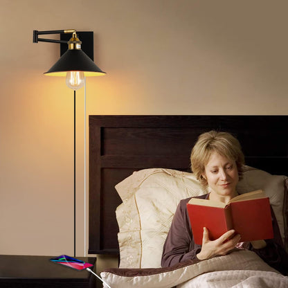 Bedside Wall Mount Light with Dimmable Switch and Outlet, Swing Arm Fabric Shade Wall Sconce Light with USB Port and Plug in Cord, Black Wall Lamp for Bedroom, Living Room and Hotel
