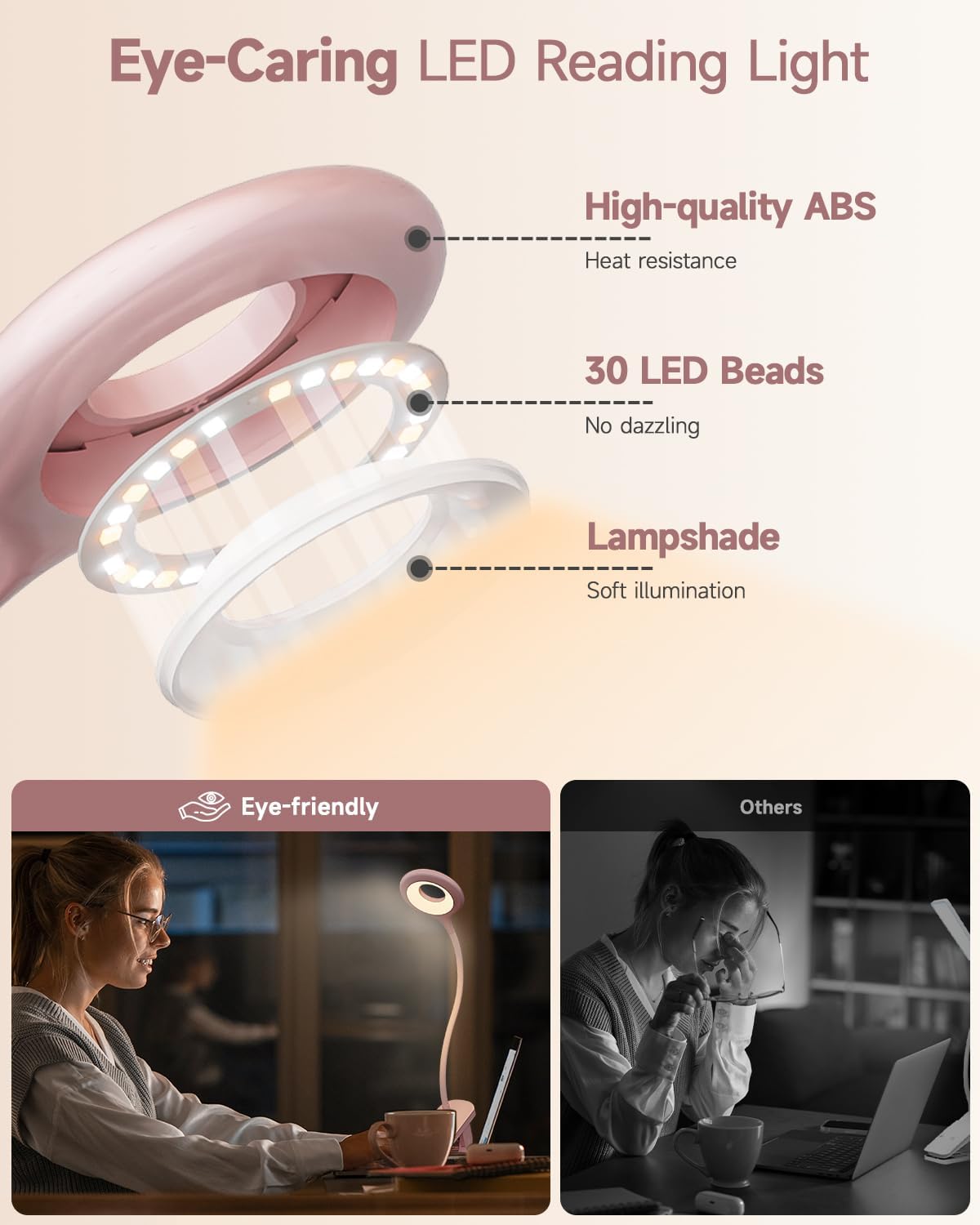 CUHIOY Rechargeable Clip on Reading Light for Bed Headboard, Pink, 1 Pack | Large Clamp Flexible Neck, Battery Desk Lamp, 5 Color 5 Brightness Touch Control, Flicker-Free LED Bedside Night Light
