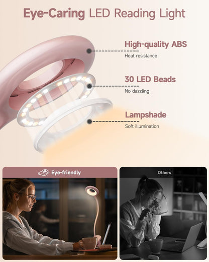 CUHIOY Rechargeable Clip on Reading Light for Bed Headboard, Pink, 1 Pack | Large Clamp Flexible Neck, Battery Desk Lamp, 5 Color 5 Brightness Touch Control, Flicker-Free LED Bedside Night Light