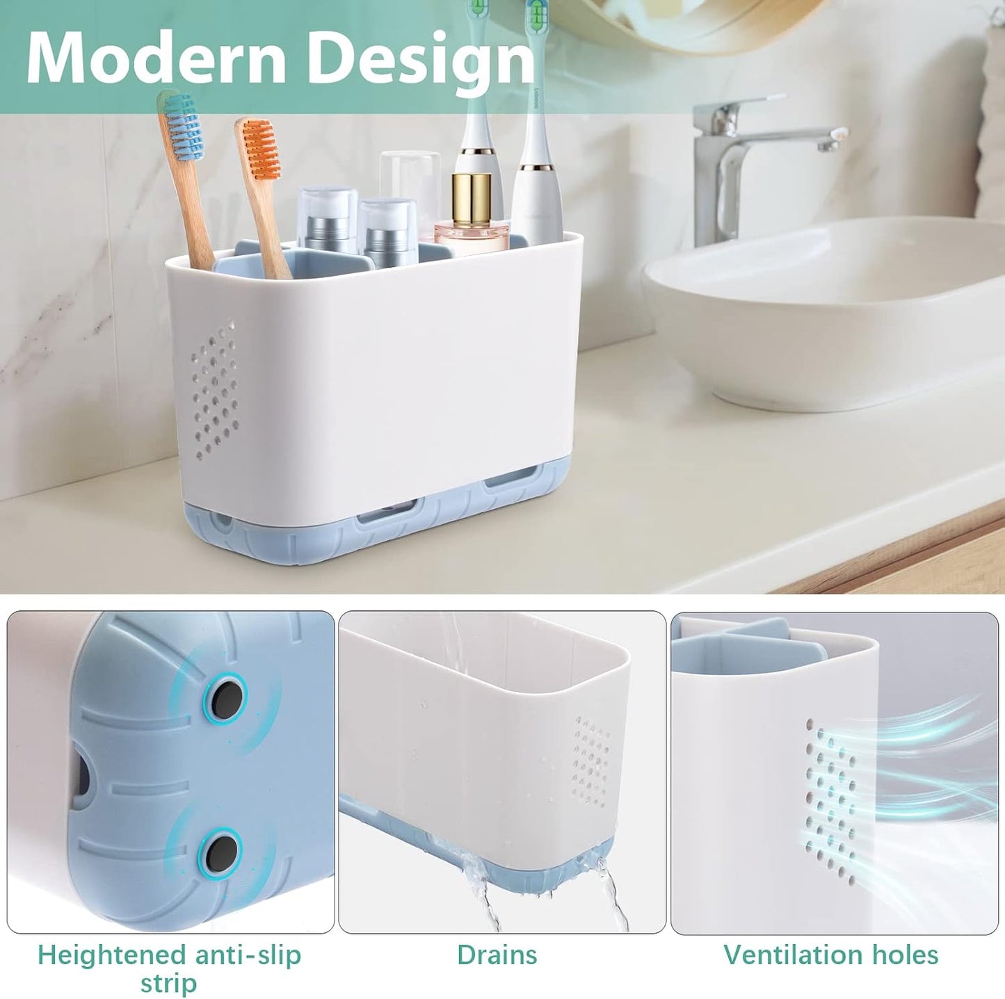 Boperzi Toothbrush and Toothpaste Holder Drainage for Bathroom Countertop with Adjustable Dividers, Large Toothpaste Caddy Organizer Storage Rustic Decor Set Anti-Slip for Shower,Family,Kids Gray