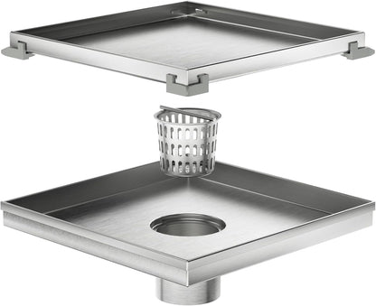 Neodrain 4" Brushed Square Shower Drain with Removable Tile Insert Grate | 304 Stainless Steel Tile Square Drain, Hidden Drain,Easy to Clean, Waterproof & Sturdy Shower Drain, CUPC Certified