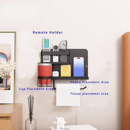 Bedside Shelf for Bed, Metal Floating Nightstand Wall Organizer, No Drill Dorm Room Essentials, Heavy Duty Caddy with Cup Holder & Charging Station for Bunk Bed, Loft, Remote - Matte Black