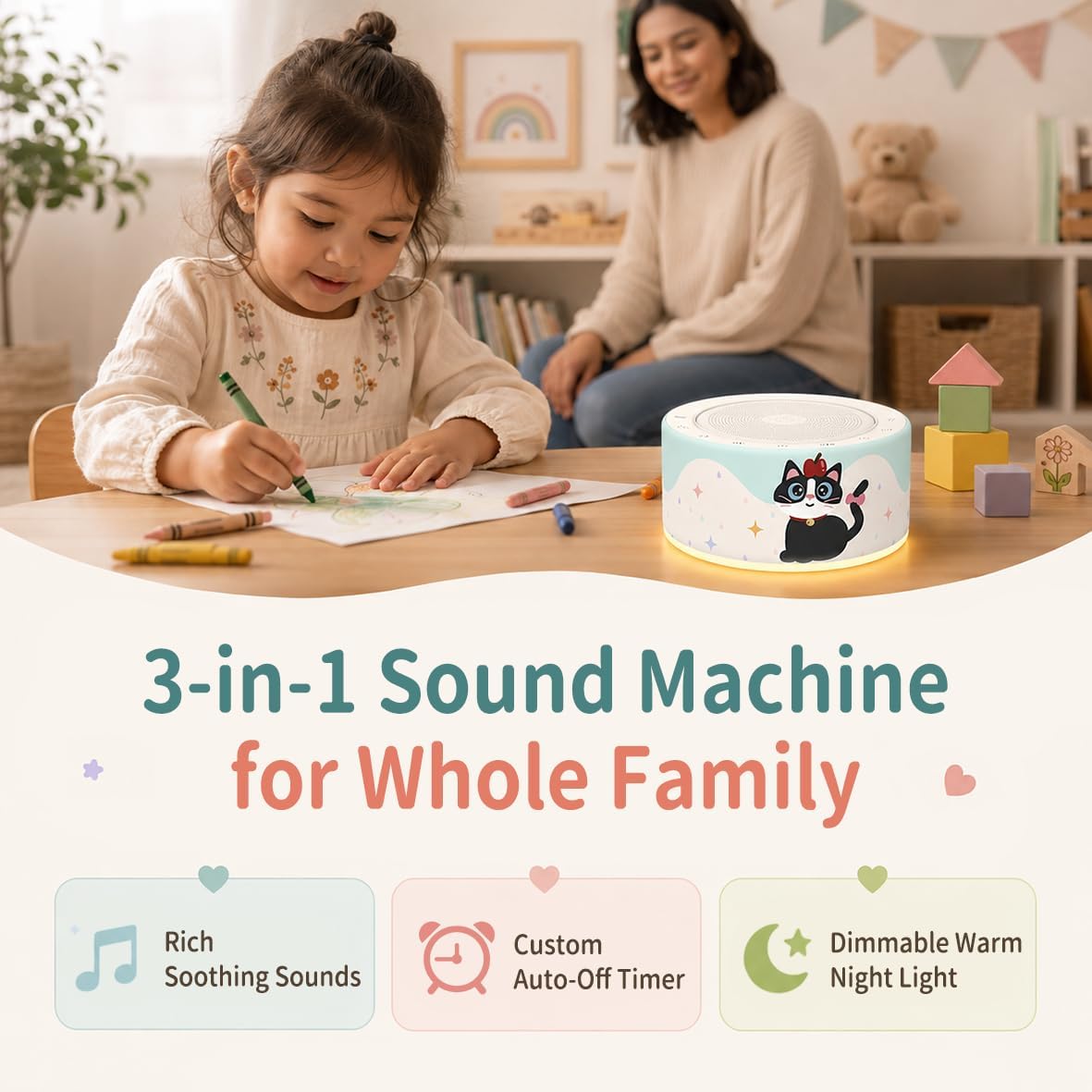 Kipcush White Noise Machine for Baby & Adults, 30 Soothing Sounds, Sleep Sound Machine with 8 Color Night Light, Memory Function, White Noise for Sleeping, Nursery, Office, Travel & Relaxation