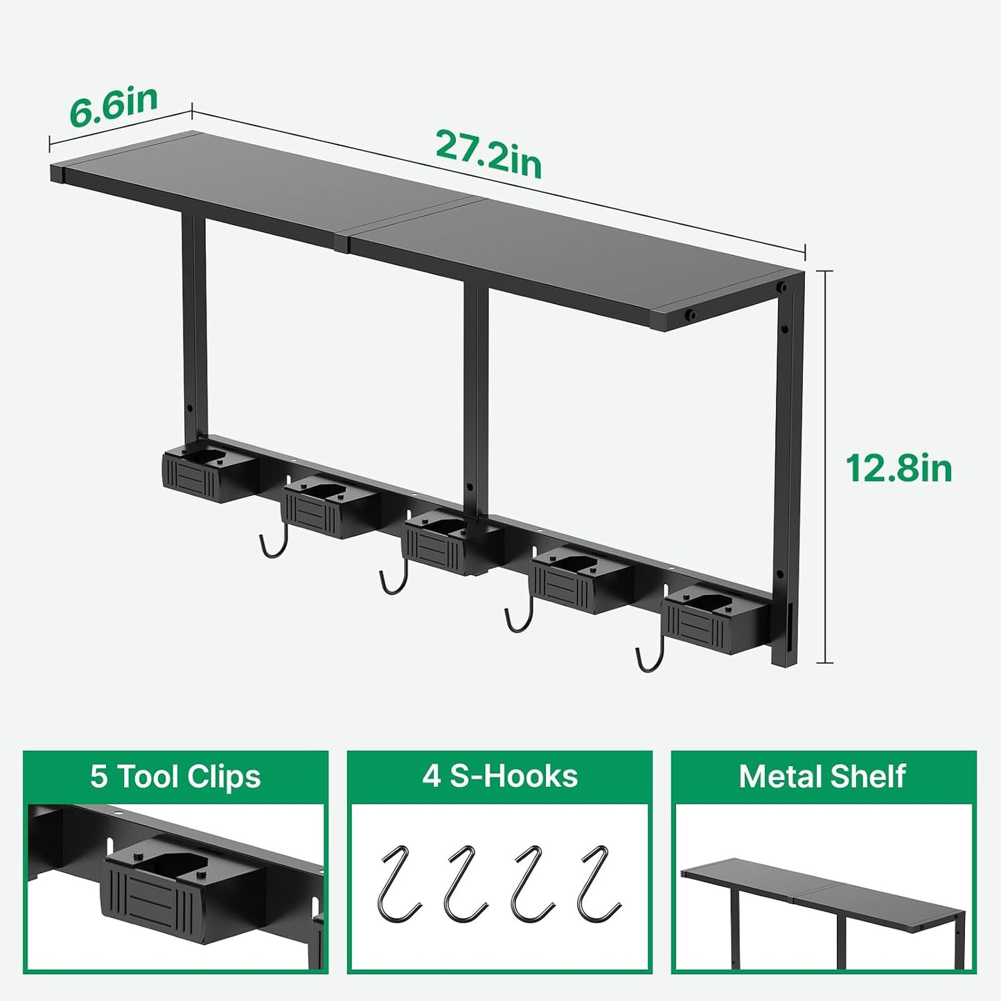 CCCEI Broom and Mop Wall Mount with Shelf, Laundry Room Cleaning Tools Organization Hanging Rack with Hooks, Bathroom, Garage, Garden Organizers and Storage. All Metal, Black, 1 Pack.