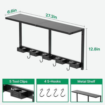 CCCEI Broom and Mop Wall Mount with Shelf, Laundry Room Cleaning Tools Organization Hanging Rack with Hooks, Bathroom, Garage, Garden Organizers and Storage. All Metal, Black, 1 Pack.
