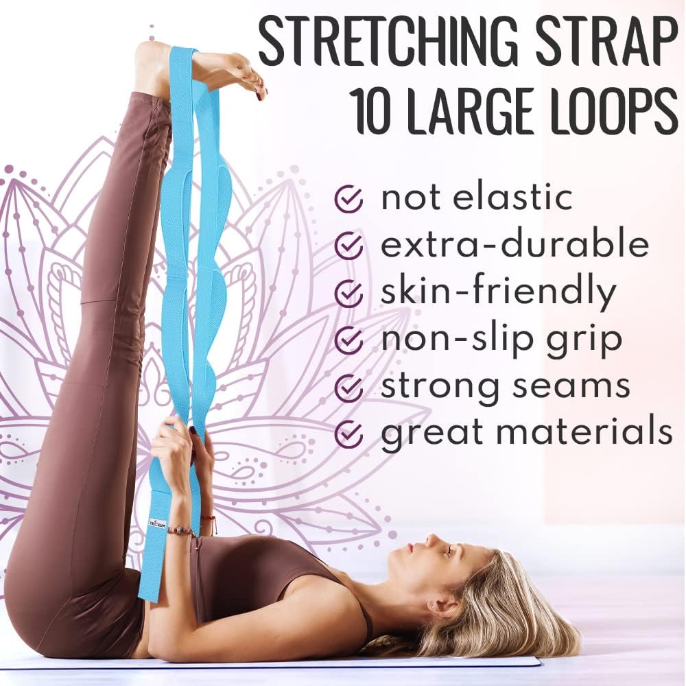 Stretching Strap with 10 Loops for Physical Therapy & Rehab | Non-Elastic Yoga Stretch Band for Hamstring, Leg, Hip & Knee Rehab, Pilates, Flexibility & Mobility Exercises for Men & Women