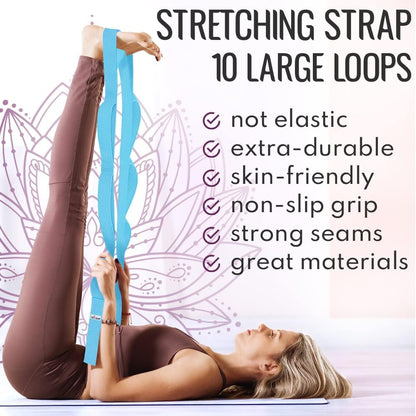 Stretching Strap with 10 Loops for Physical Therapy & Rehab | Non-Elastic Yoga Stretch Band for Hamstring, Leg, Hip & Knee Rehab, Pilates, Flexibility & Mobility Exercises for Men & Women