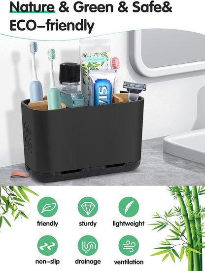 GFWARE Toothbrush Holders for Bathrooms - Bamboo Divider Toothbrush and Toothpaste Holder with Drainage, Kids Electric Toothbrush Organizer for Bathroom Countertop, White Tooth Brush Holder | 5 Slots Toothbrush and Toothpaste Holder with Bamboo Divider,