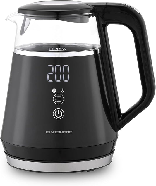 OVENTE 1L Electric Kettle with Temperature Control, 1500W, Black KD95B | Water Boiler With Digital Display, 5Hr Keep Warm, Auto Shut-Off, Double-Wall Cool-Touch Exterior, BPA-Free Borosilicate Glass