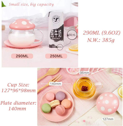 Mushroom Tea Cup Set, Cute Cups Glass Tea Cups with Infuser and Lid, Kawaii Teacup for Loose Leaf Tea Steeper, Coffee Mugs with Saucers, Blooming Tea, Tea Maker Gifts for Women Girls Birthday (Pink)