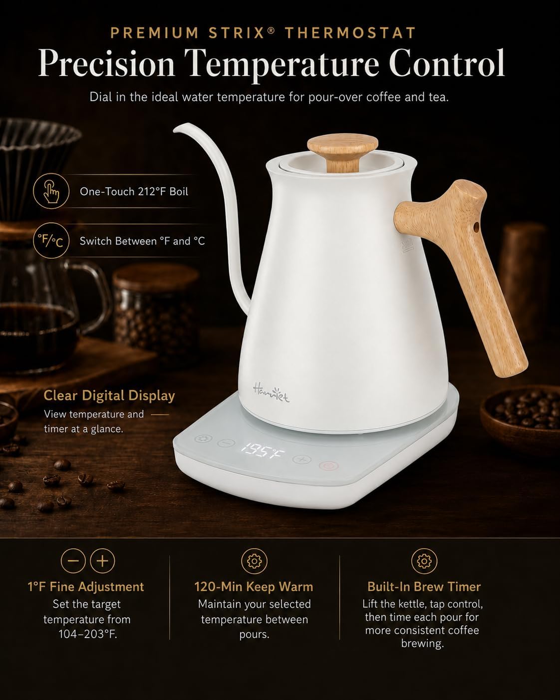 Harriet Gooseneck Electric Kettle, 1°F Control, Brew Time, 0.8L