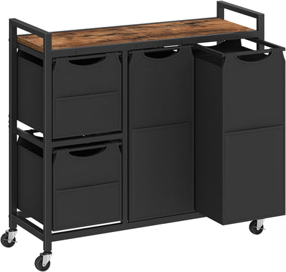 HOOBRO Laundry Sorter with 4 Section, 39 Gal. (147 L) Laundry Hamper with Wheels, Rolling Laundry Basket with Shelf, Pull-Out Detachable Bags, Side Pockets, Rustic Brown, Black and Beige BFE14XY01N1