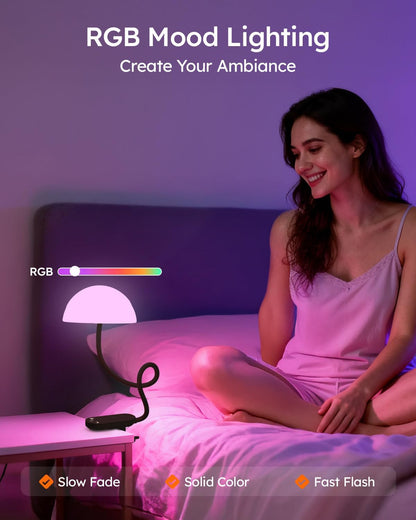 Rechargeable Clip On Lamp, Cordless Touch Control Desk Lamp with RGB Ambient Mode & 3000K–6000K Dimmable Book Reading Light, Portable Gooseneck Lamp Battery Operated Clamp On Table Bedside Headboard