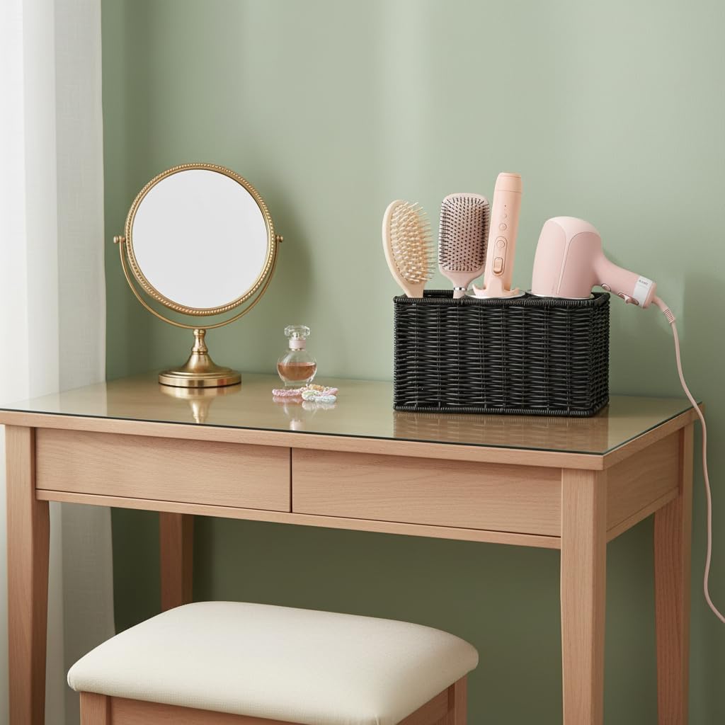 Hair Tool Organizer,Wall Mount Curling Iron Holder,Waterproof Wicker Hot Tools Organizer for Hair Dryer,Flat Irons,Curling Wands,Straighteners Storage,in Cabinet,Bathroom,Vanity (Nature)