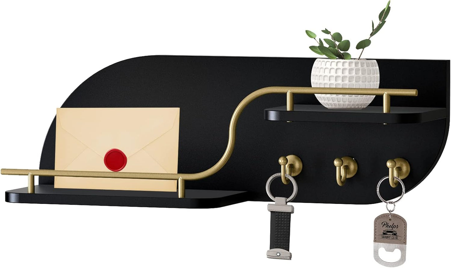 Key Holder for Wall, Decorative Key and Mail Organizer with 3 Metal Hooks and 2 Shelves, Wood Wall Mounted Key Rack for Entryway, White