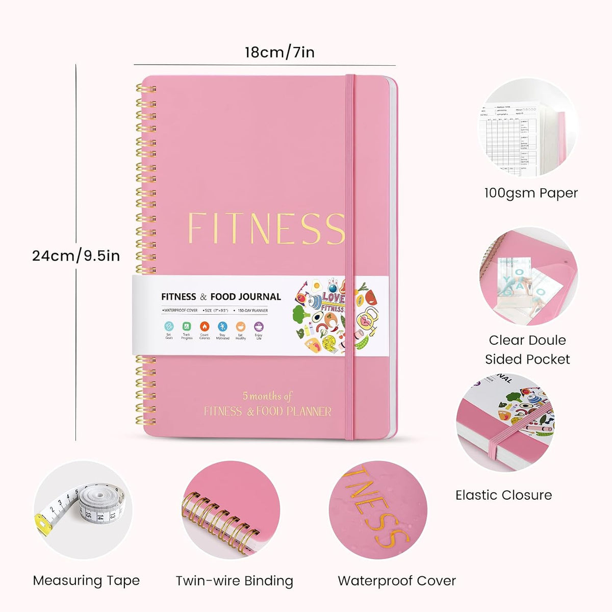 Fitness & Food Journal for Women, Undated 150-day Workout & Wellness Planner with Measuring Tape, Pink Weight Loss Journal for Setting Goals Tracking Exercise Training Diet Progress (9.5’’*7’’)