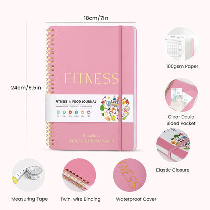 Fitness & Food Journal for Women, Undated 150-day Workout & Wellness Planner with Measuring Tape, Pink Weight Loss Journal for Setting Goals Tracking Exercise Training Diet Progress (9.5’’*7’’)