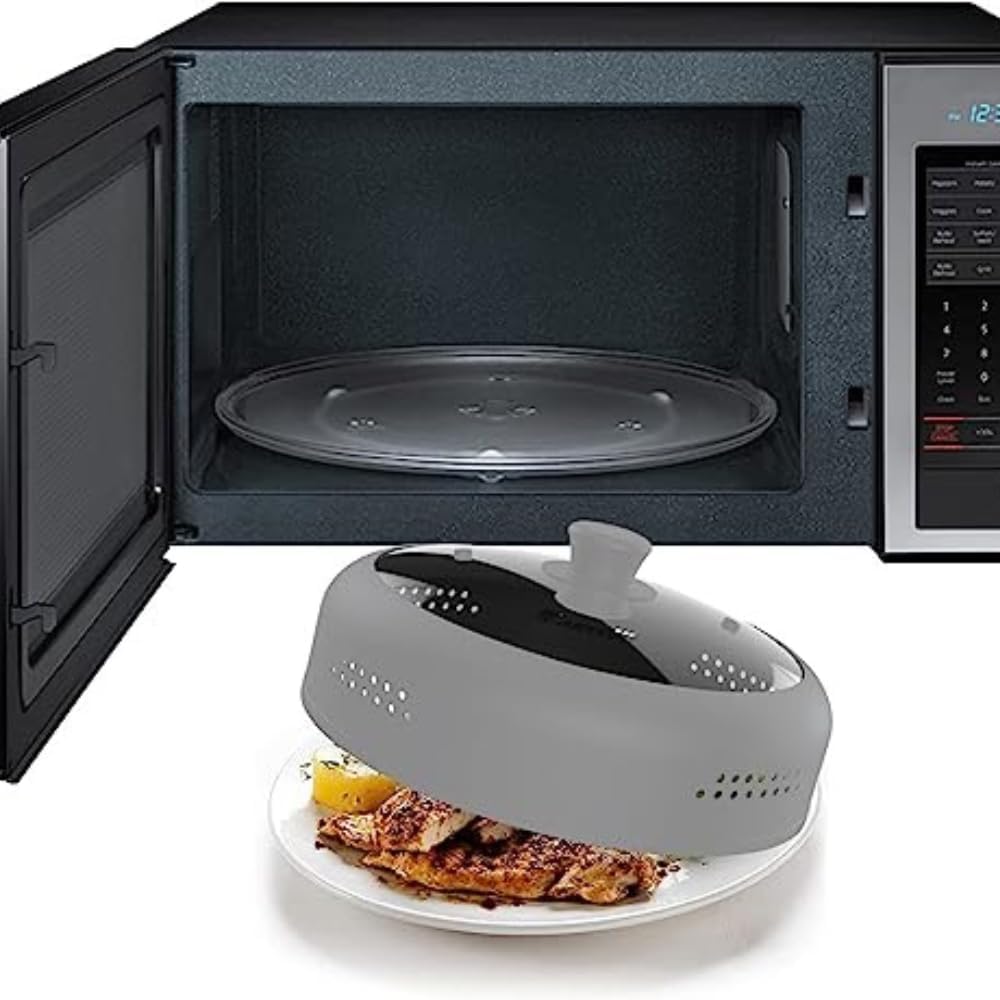 Microwave Cover for Food, Silicone and Glass Splatter Guard Lid for 6–7–8–9-10-11-12 inch Plates & Bowls. By EZY ACTIVE (Gray)