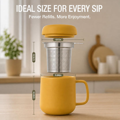 Tealyra - Sumo Porcelain Loose Tea Steeping Mug - 15oz/450 ml Ceramic Tea Cup with Infuser and Lid/Coaster - Extra Fine Stainless Steel Infusion Strainer - For Home or Office - Yellow