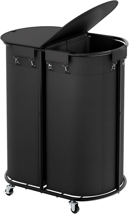 Laundry Hamper with Wheels and Lid, 100L Half Round Rolling Laundry Basket | Gasvadivum Sturdy Metal Frame Laundry Cart with Removable Bag, Dirty Clothes sorter Organizer for Bathroom, Bedroom, Black