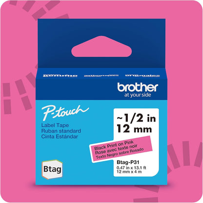 Brother Genuine P-Touch Btag BTAG231 Black on White Label Tape ~1/2in by 13.1ft (12mm x 4m). (Works Only with Brother PT-N10, PT-N20, PT-N25BT Label Makers)