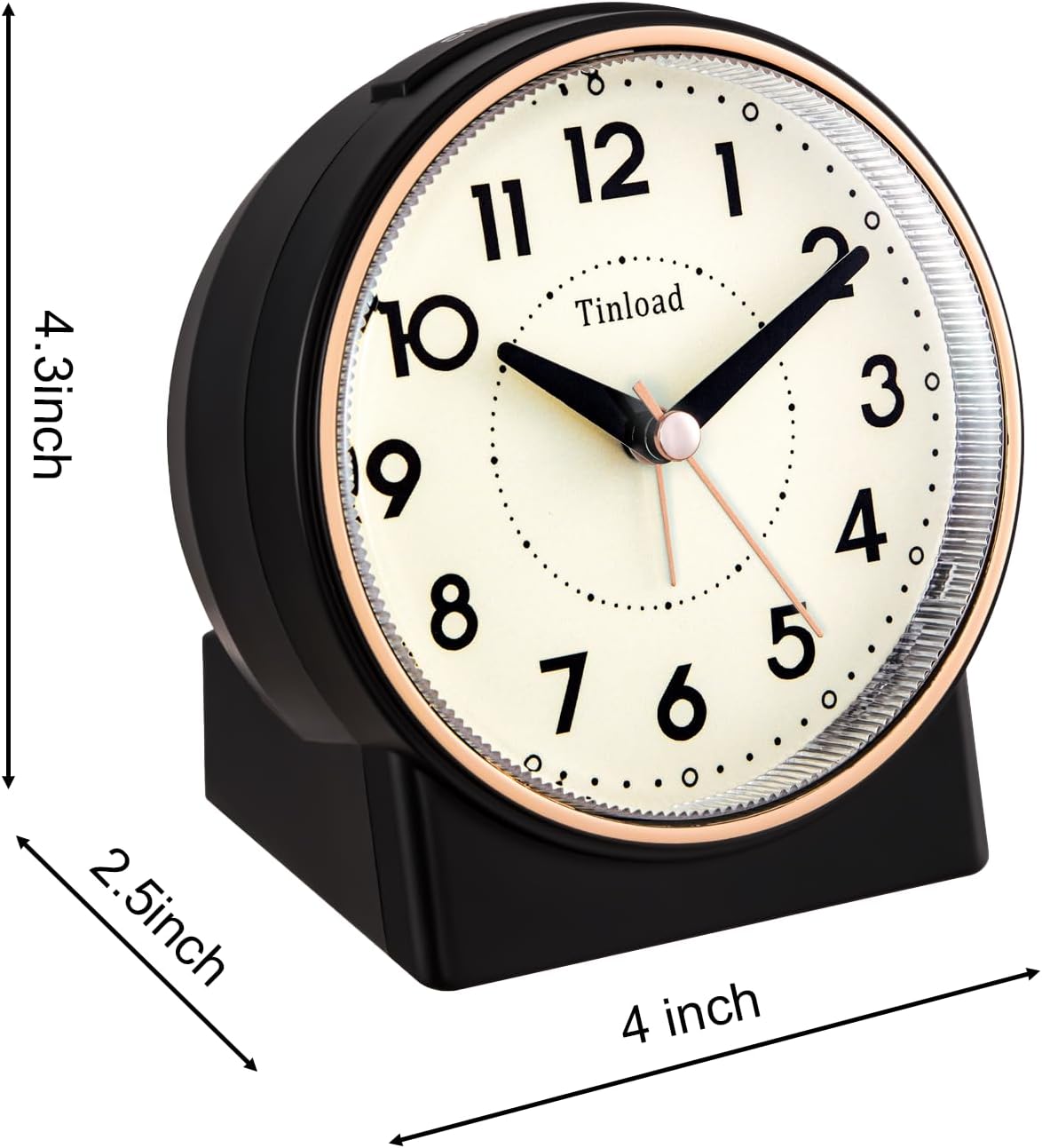 Tinload 4.3" No Ticking Analog Alarm Clock,Silent Readable for Seniors,Easy to Set,Gradual Rise Alarm,Big Numbers,On/Off Switch on Side,Gentle Wake,Snooze,Lighted on Demand,Battery Operated,Black