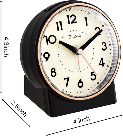 Tinload 4.3" No Ticking Analog Alarm Clock,Silent Readable for Seniors,Easy to Set,Gradual Rise Alarm,Big Numbers,On/Off Switch on Side,Gentle Wake,Snooze,Lighted on Demand,Battery Operated,Black