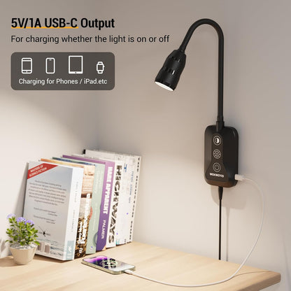 Wall Mounted Reading Light for Bed, Headboard Light with 360° Flexible Arm, Hand Wave Sensor, Focused 60° Beam, 5 Color Temperatures, Stepless Dimming, Memory Function, USB-C Output, Black 1 Pack
