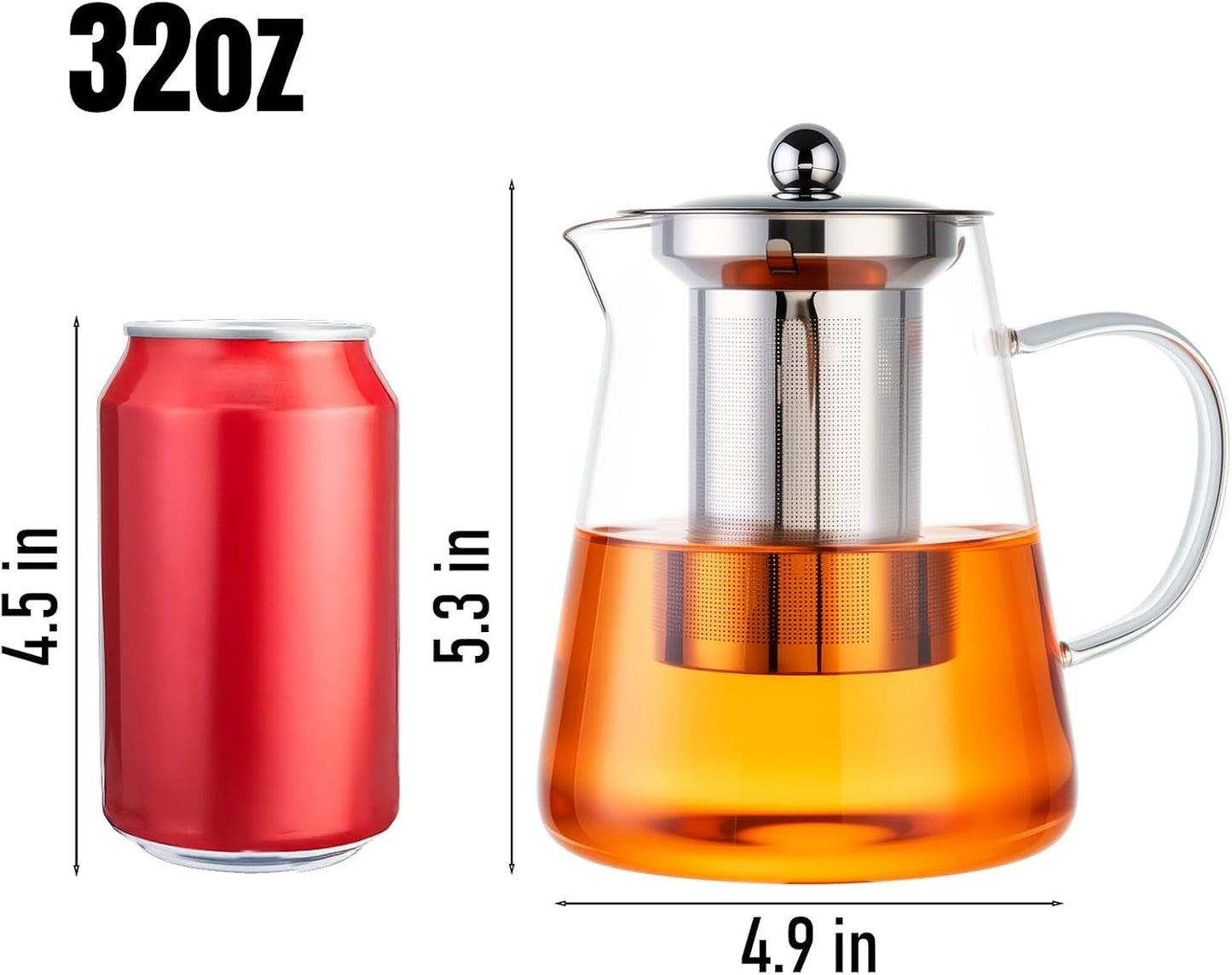 Baalaka Glass Teapot 18.6oz/550ml, Tea Pot with Removable Infusers for Loose Tea, Borosilicate Glass Tea Kettle Tea Maker Stovetop for Camping, Tea Infuser for Loose Leaf Tea Travel | Borosilicate glass tea kettle with infuser; steel strainer for loose