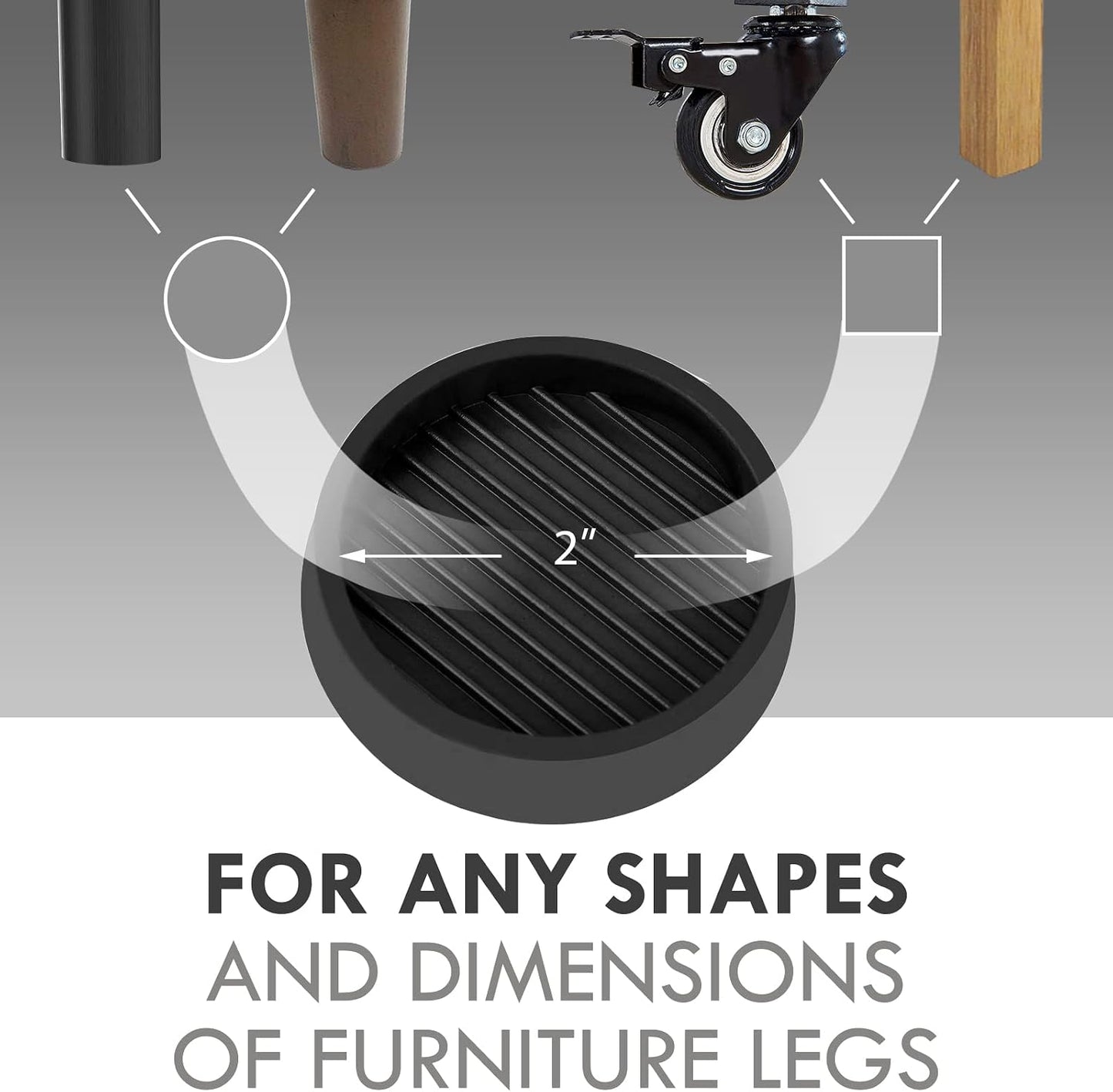 2X2 Round Rubber Caster Cups, Non Slip Furniture Pads - 4 Pack | Anti-Slip Gripper, Anti Skid Furniture Feet, Anti Slide Floor Protector for Bed Couch Table Chair Stoppers, Black