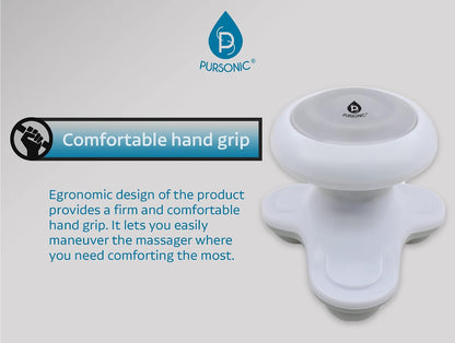 Pursonic Handheld Sport Massager Mini Portable for Hand, Head, Neck, Back, Legs & Arms Pain Relief Easy Grip Handle, 3 Vibrating Massage Modes (White)