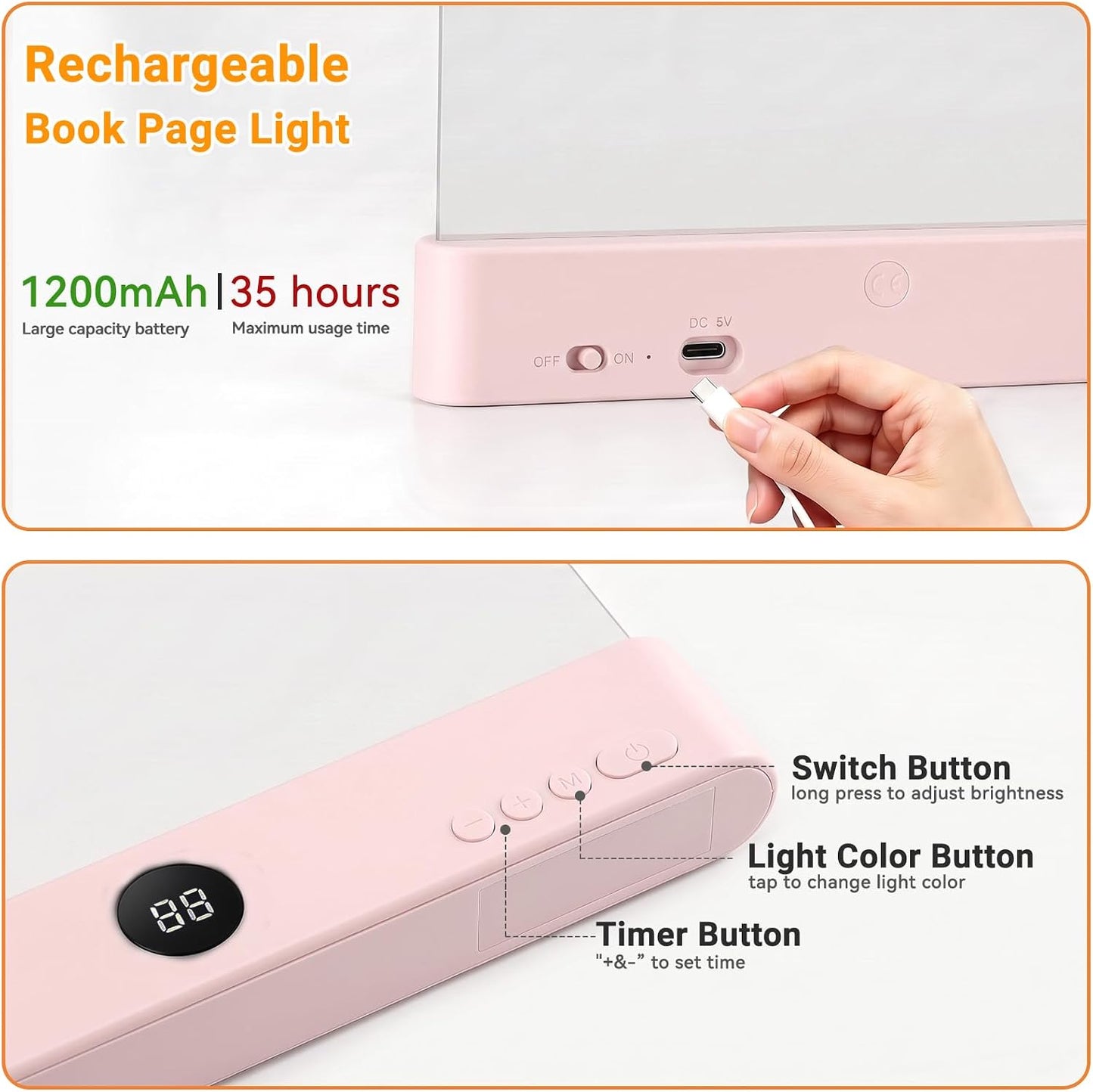 Amber Book Light, Rechargeable Clear LED Flat Reading Light with 3 Colors & Timer, Dimmable Panel Plate Lamp Book Full Page Light for Reading in Bed at Night, Funny Gifts for Readers Book Lovers