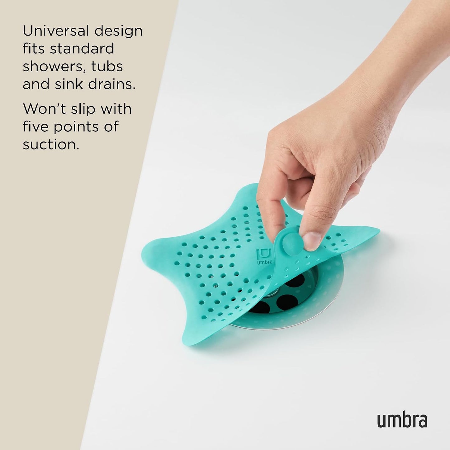 Umbra Starfish Hair Catcher, Suction Cup Drain Cover, 6-Inch, White | Silicone material, flexible and durable, water resistant seal, easy to clean, rust proof, fits standard tubs