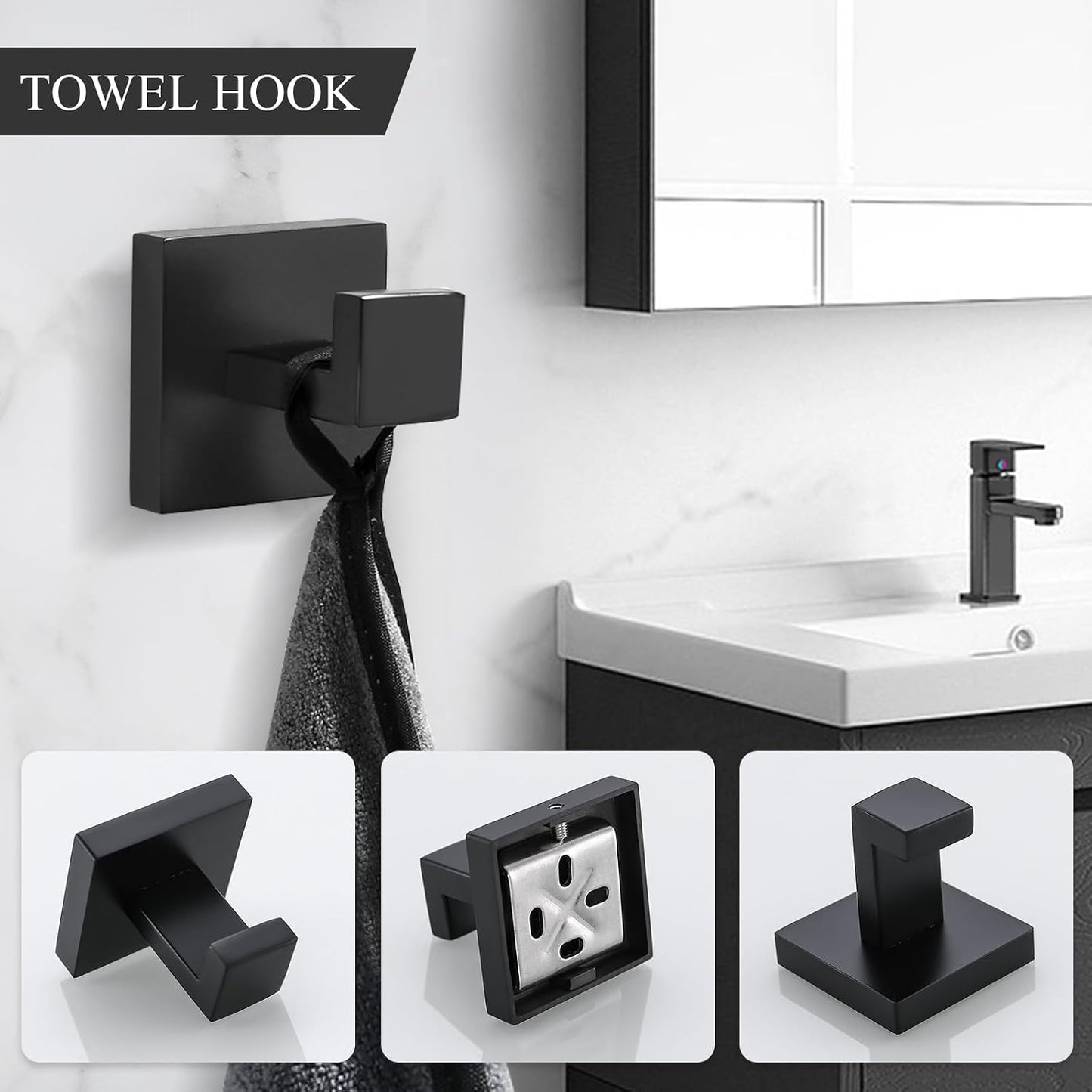 TURS Bathroom Hardware Set Black 4-Piece Towel Bar Set Include 24 Inch Towel Bar Hand Towel Holder Towel Hook Toilet Paper Holder with Shelf Wall Mounted Stainless Steel Bathroom Accessories Set