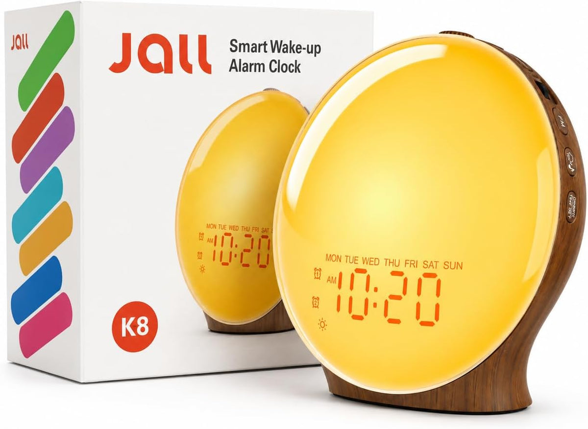 JALL Full-Screen Wake Up Light Sunrise Alarm Clocks for Bedrooms, White Noise Machine for Heavy Sleepers, 25 Natural Sounds, Dual Alarms, FM Radio, 17 Dimmable Colors, Bluetooth Speaker
