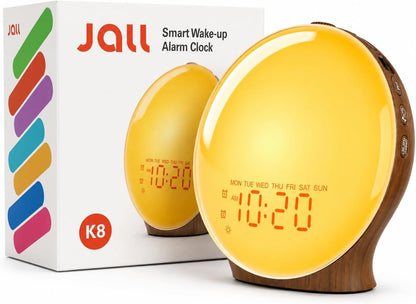 JALL Full-Screen Wake Up Light Sunrise Alarm Clocks for Bedrooms, White Noise Machine for Heavy Sleepers, 25 Natural Sounds, Dual Alarms, FM Radio, 17 Dimmable Colors, Bluetooth Speaker