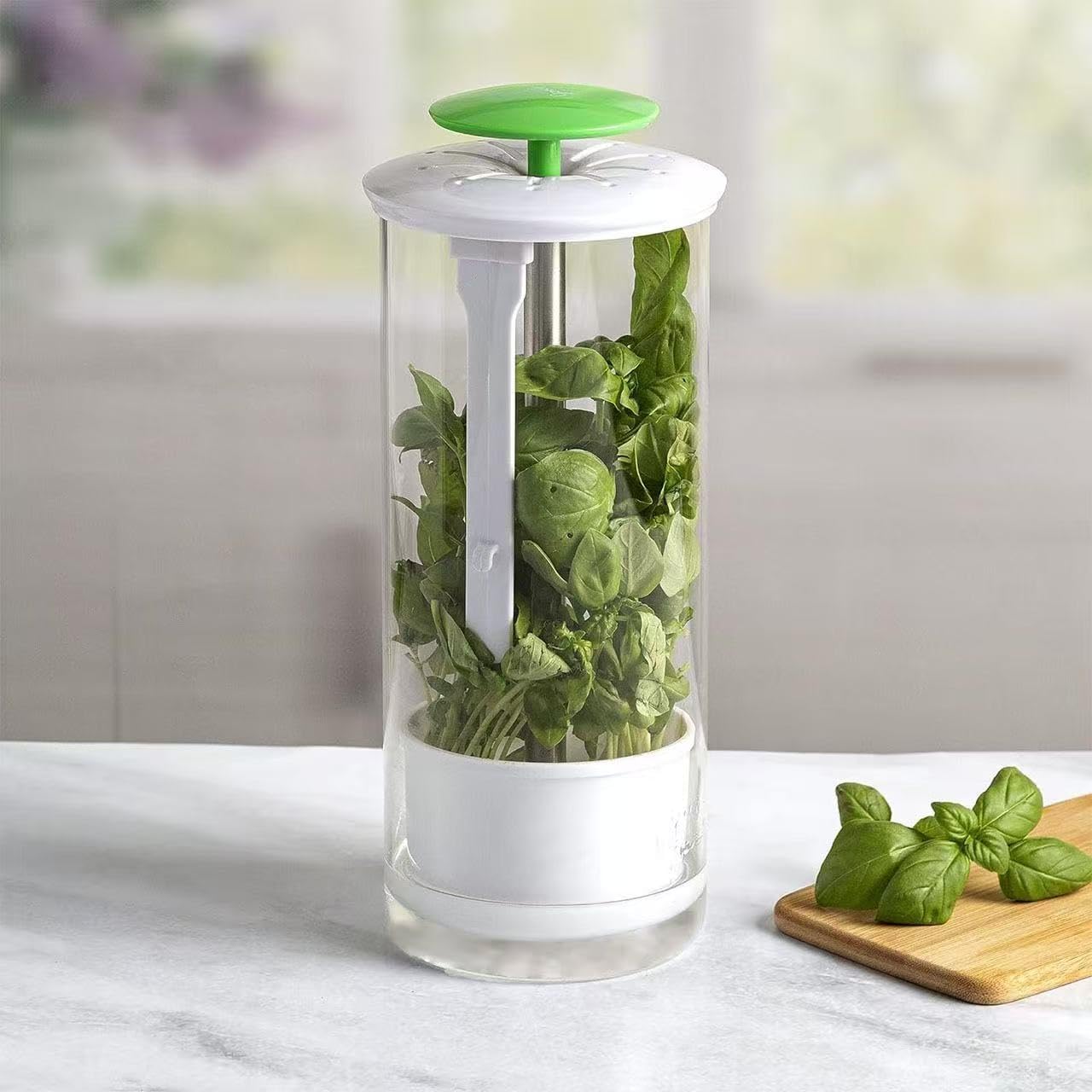 Fresh Herb Keeper Glass Container for Fridge, Borosilicate Herb Preserver Vase with Adjustable Water Line, Herb Storage Jar for Cilantro, Parsley, Basil, Mint, Green Vegetables，White