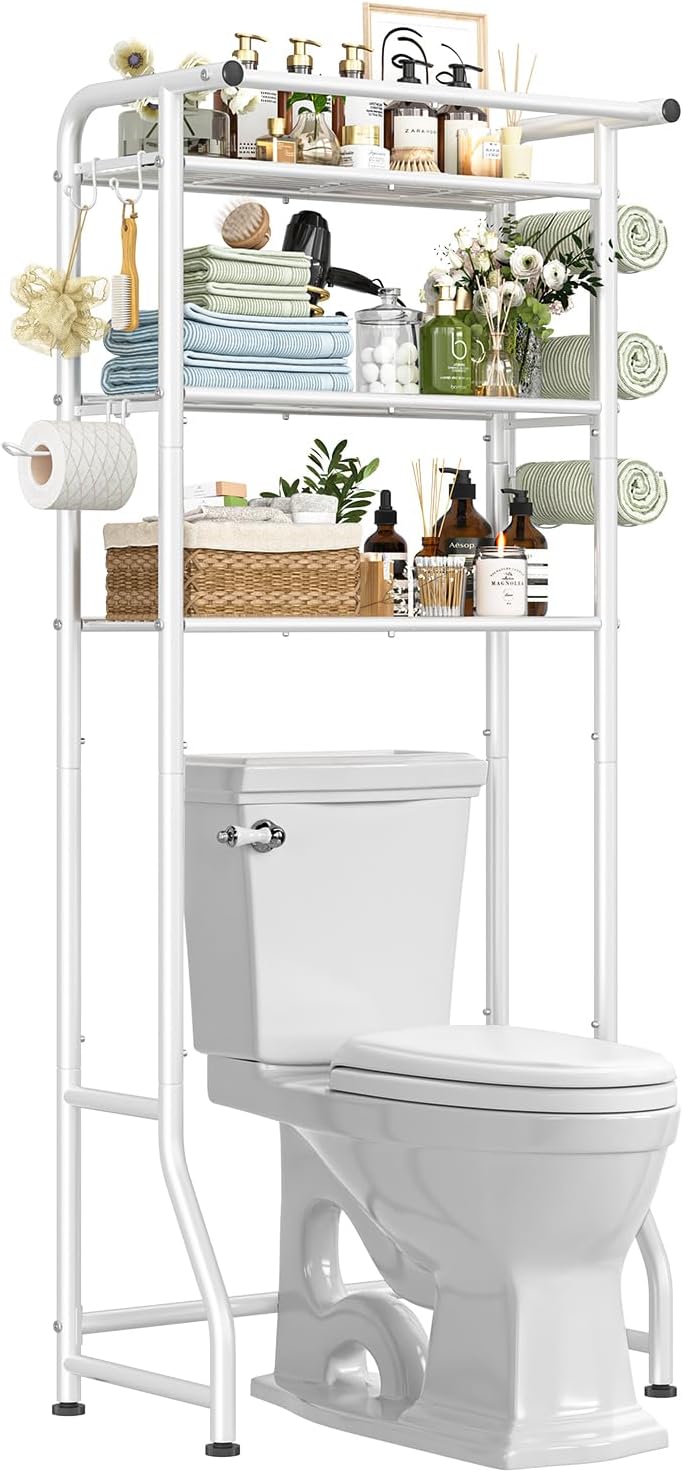 Simple Trending Over The Toilet Storage Cabinet, Metal Bathroom Shelf Organizer with Paper Holder and Hooks, 3 Tier, Black