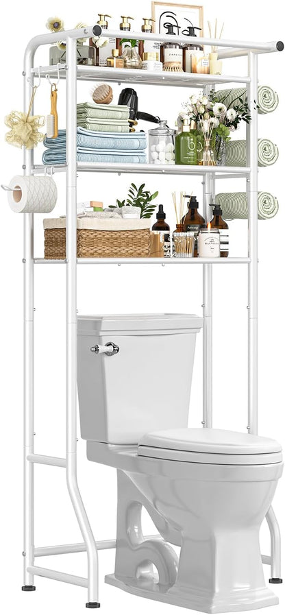 Simple Trending Over The Toilet Storage Cabinet, Metal Bathroom Shelf Organizer with Paper Holder and Hooks, 3 Tier, Black